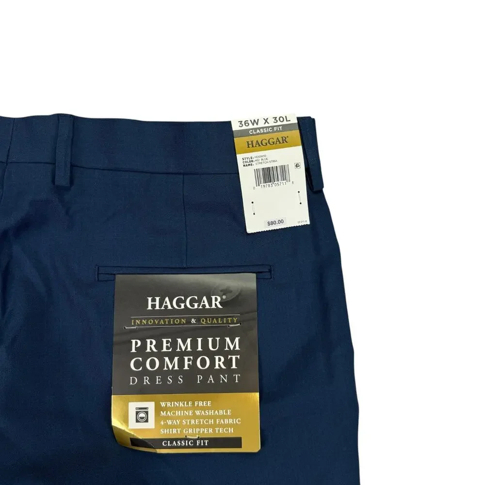 Haggar Mens Premium Comfort Classic Fit Flat Front Dress Pants Blue 36x30